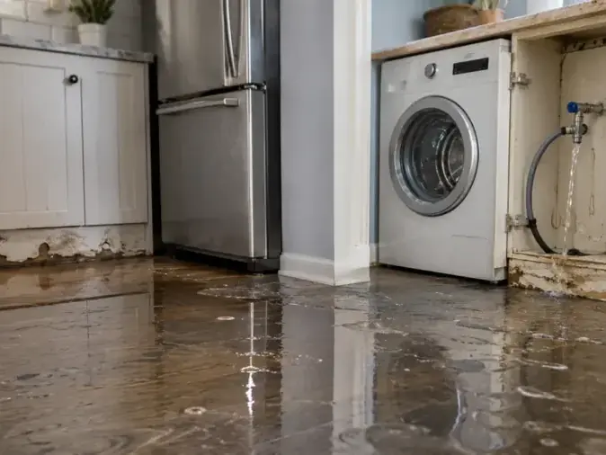 Kitchen and laundry floor under water from a washer supply line leak