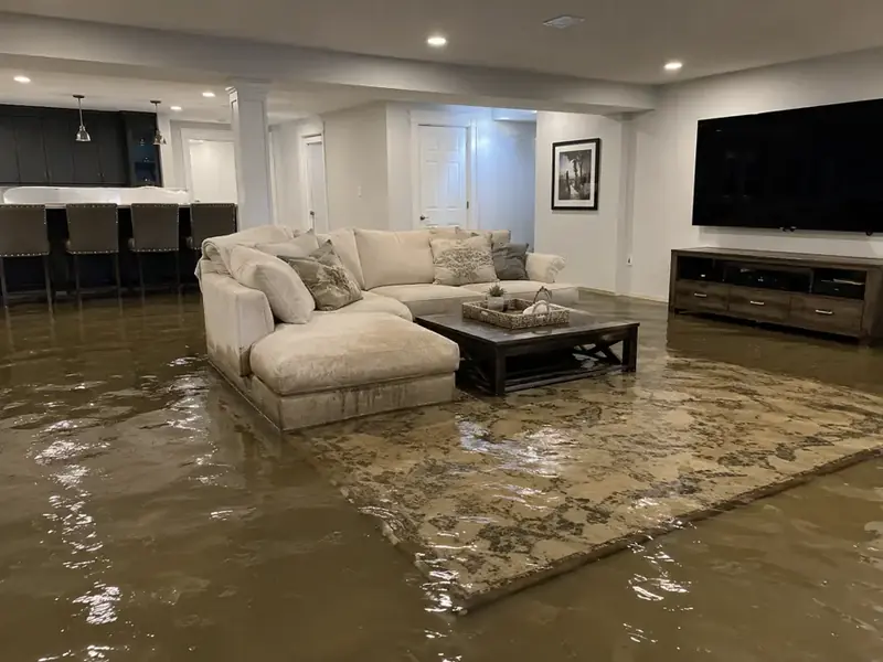 Floodwater across a finished walkout basement family room near Lake Norman