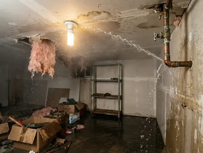 Water spraying from a burst copper supply line into a lower level in Iredell County