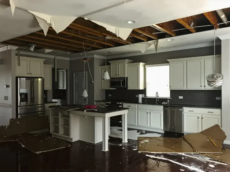 Kitchen ceiling opened up to the joists after a leak from the floor above