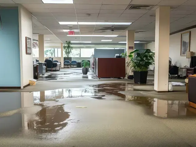 Standing water across the carpet of an open office floor
