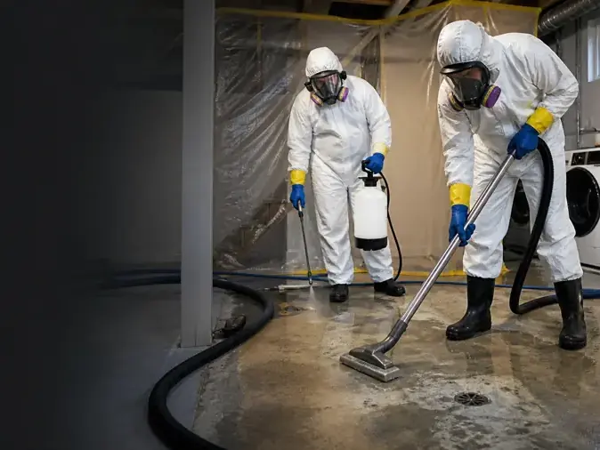 Two techs in protective suits cleaning a sewage backup in a basement