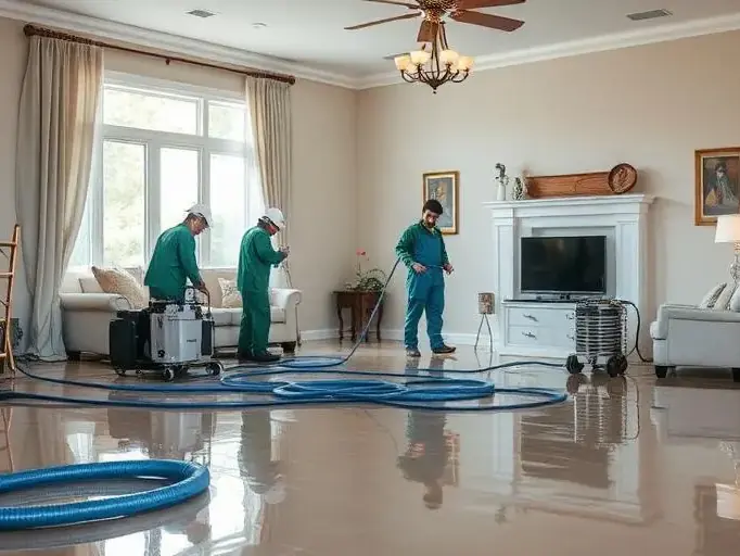 Extraction hoses and pumps pulling standing water off a living room floor in Mooresville