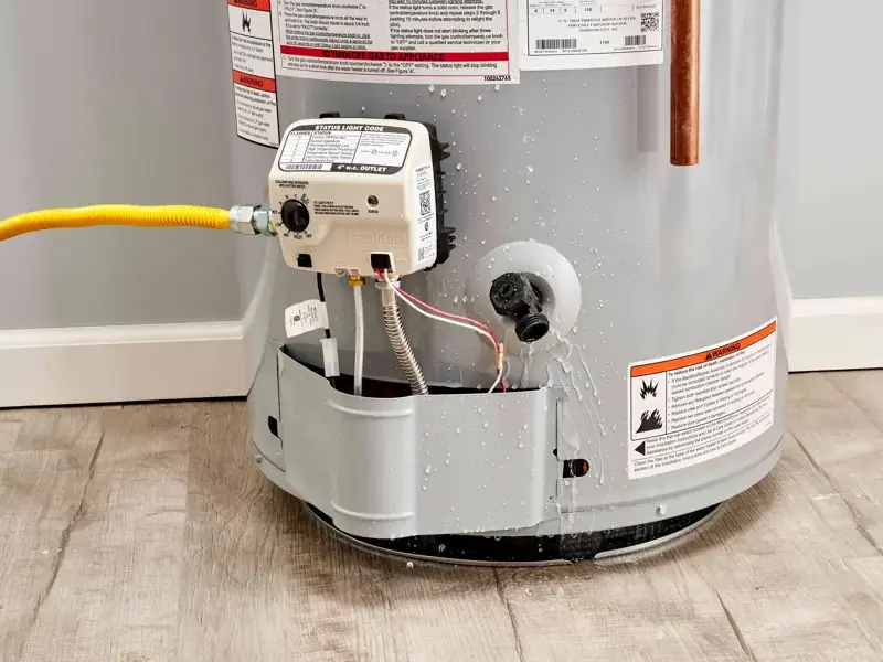 Water leaking from the base of a gas water heater onto a laminate floor